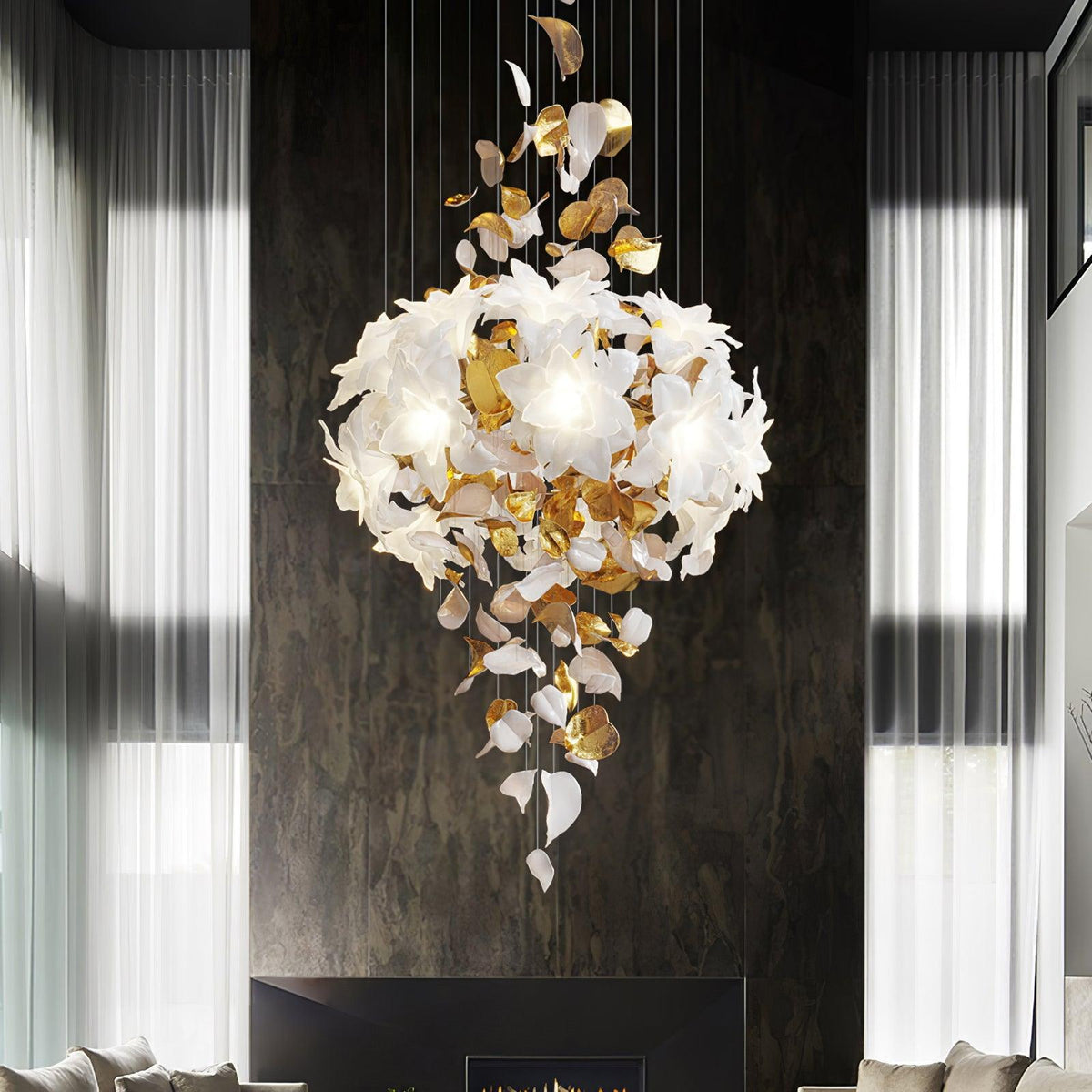 Flying Flowers Fluttering Chandelier - Model A ∅ 31.5″ x H 70.1″ / Dia 80cm x H 180cmBrass & White-Jecanoli