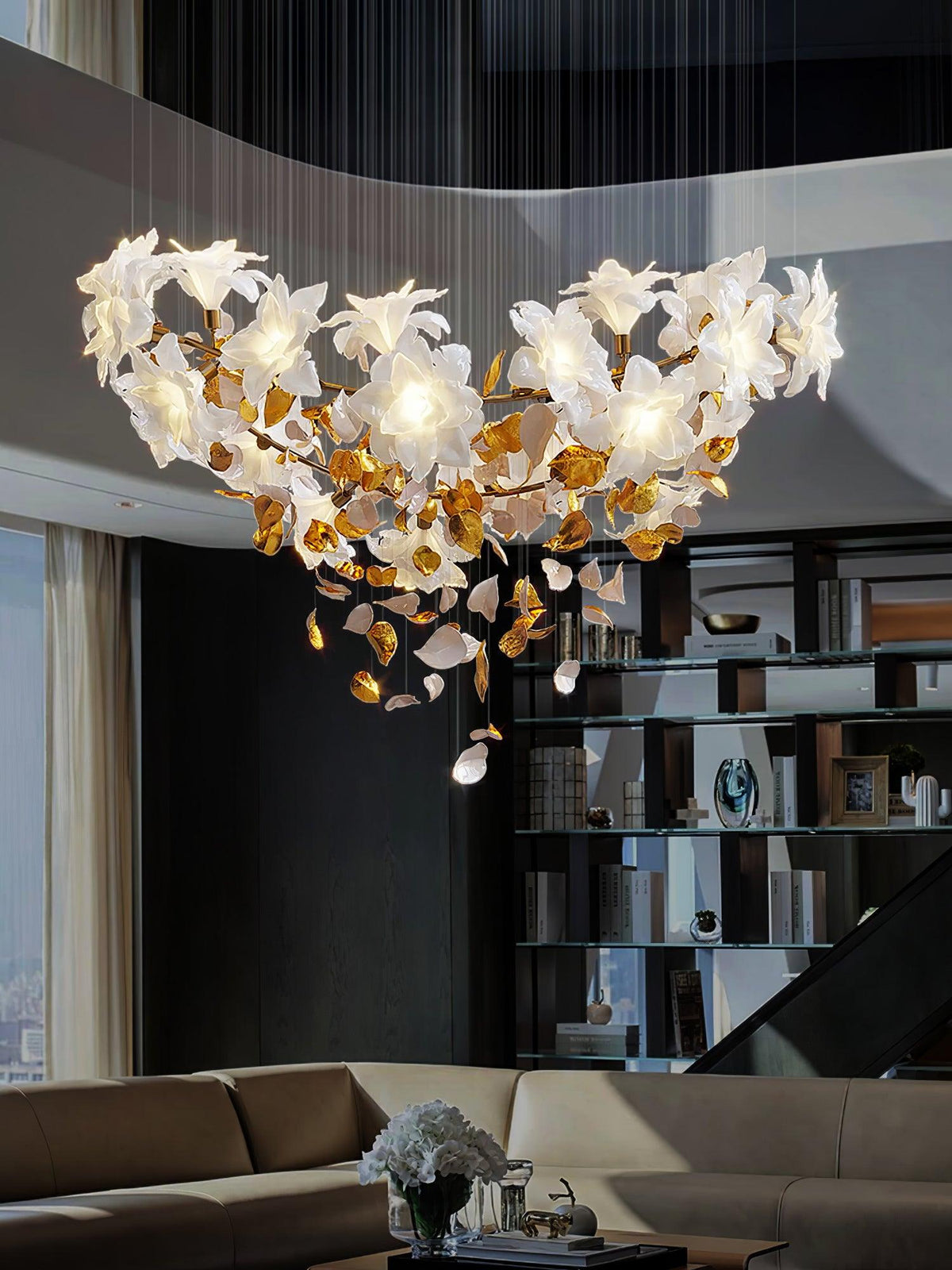 Flying Flowers Fluttering Chandelier - Model A ∅ 31.5″ x H 70.1″ / Dia 80cm x H 180cmBrass & White-Jecanoli