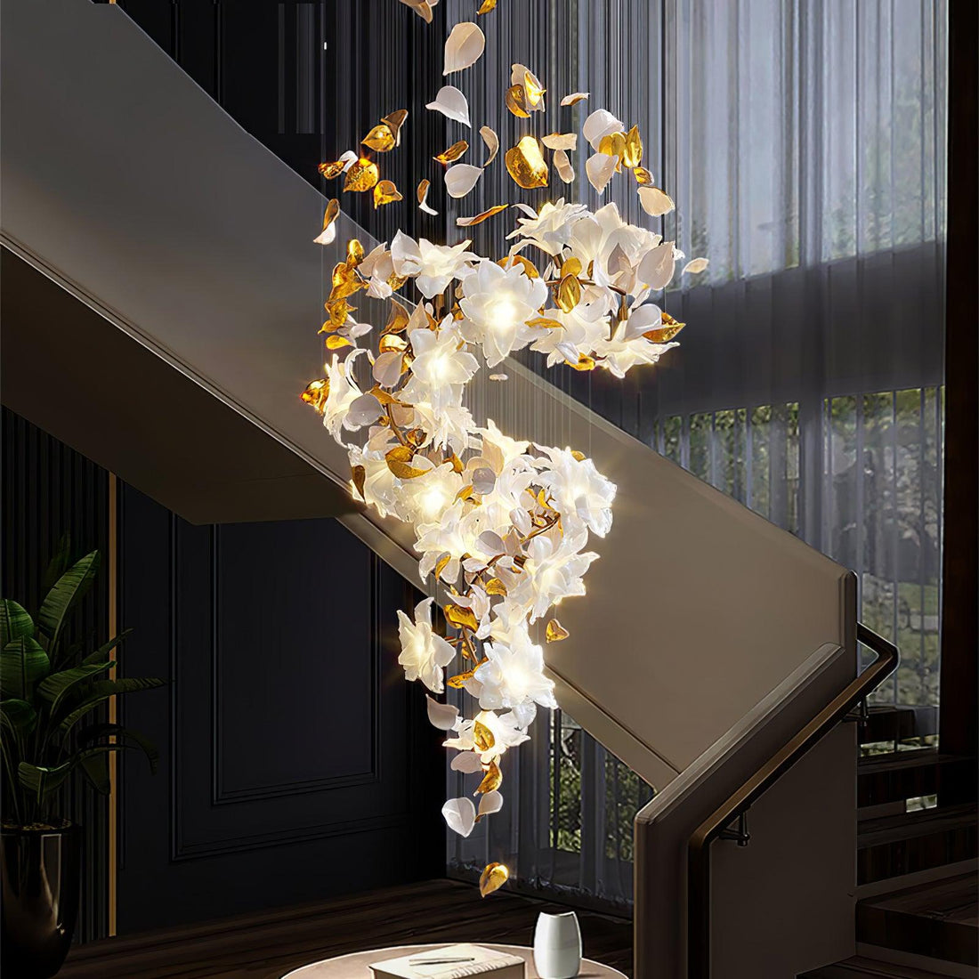 Flying Flowers Fluttering Chandelier - Model A ∅ 31.5″ x H 70.1″ / Dia 80cm x H 180cmBrass & White-Jecanoli