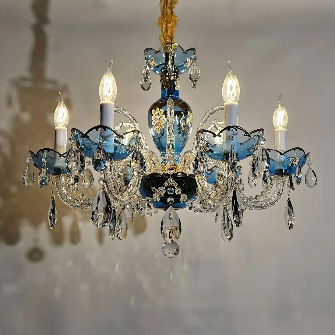 French Romantic Blue Crystal Designer Chandelier for Bedroom/Living Room/Dining Room - 6 Lights:D25.6"*H18.9"/17.5kgWarm LightBlushlighting