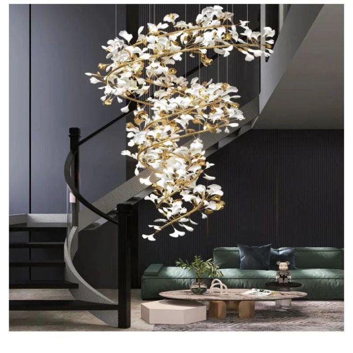 Ginkgo Cascading B (Spiral) Branch Chandelier - White + gold accentsH150CM (H59")Jecanoli