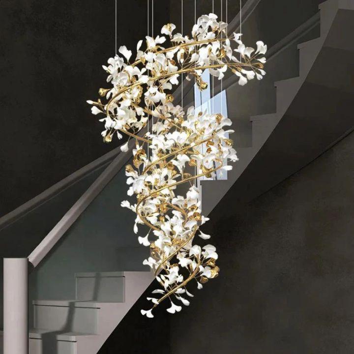 Ginkgo Cascading B (Spiral) Branch Chandelier - White + gold accentsH150CM (H59")Jecanoli
