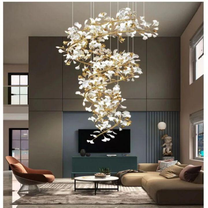 Ginkgo Cascading B (Spiral) Branch Chandelier - White + gold accentsH150CM (H59")Jecanoli