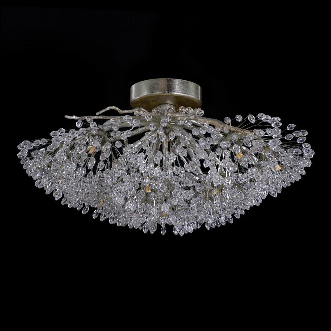 Hanasaku Flower Sixteen-Light Flush Mount in Antique Silver Leaf with Hand-Cut Crystal Accents-Flush Mount-Jecanoli