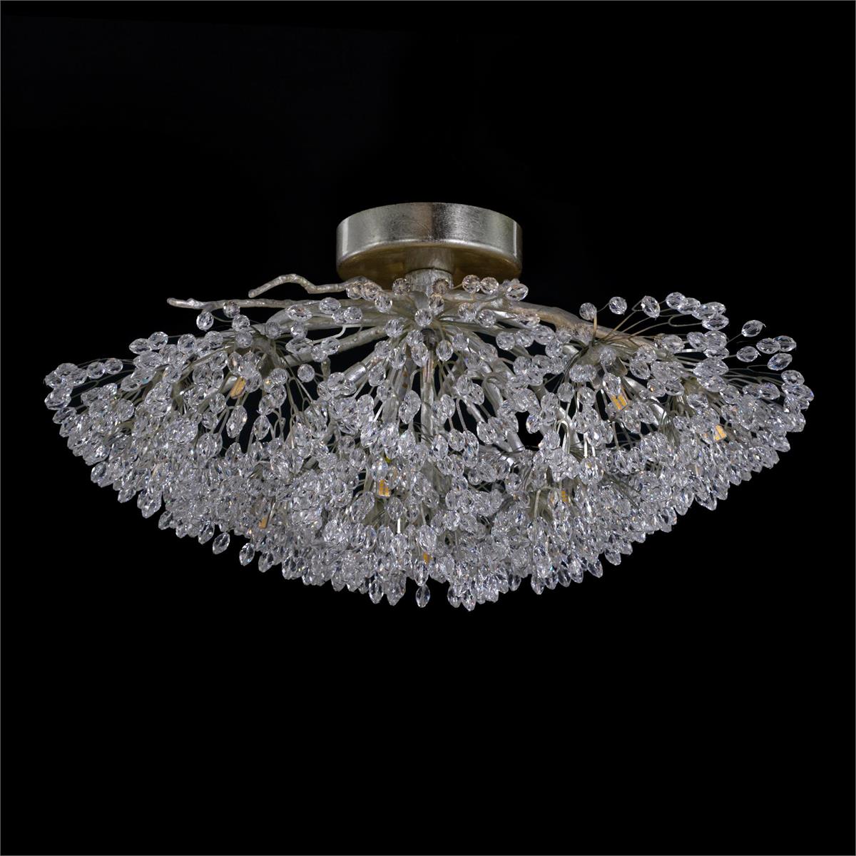 Hanasaku Flower Sixteen-Light Flush Mount in Antique Silver Leaf with Hand-Cut Crystal Accents-Flush Mount-Jecanoli