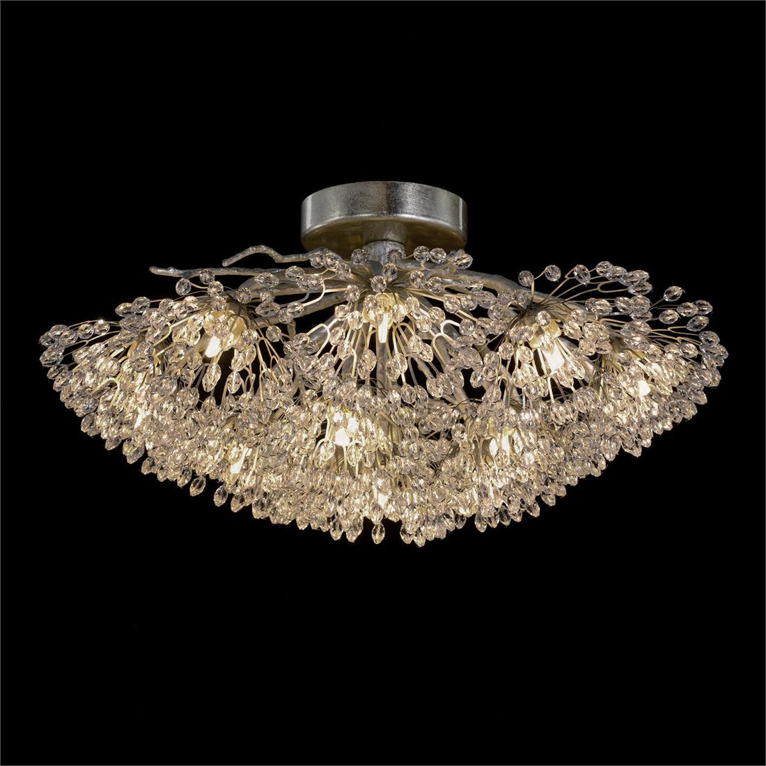 Hanasaku Flower Sixteen-Light Flush Mount in Antique Silver Leaf with Hand-Cut Crystal Accents-Flush Mount-Jecanoli