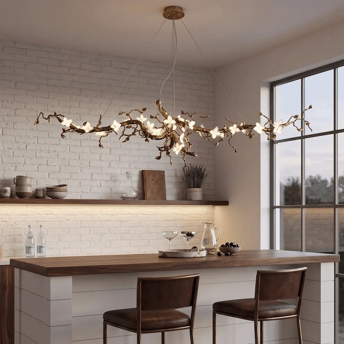 Handcrafted Sculptural Floral Branch Chandelier - ∅ 65″ x H 23.6″ x W 21.7″Gold + White + TransparentJecanoli