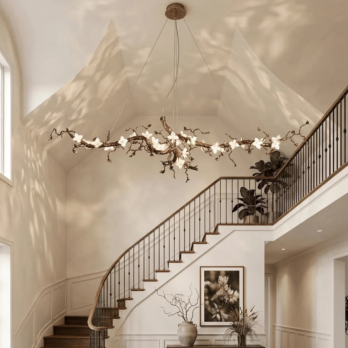 Handcrafted Sculptural Floral Branch Chandelier - ∅ 49.2″ x H 17.7″ x W 15.7″Gold + White + TransparentJecanoli
