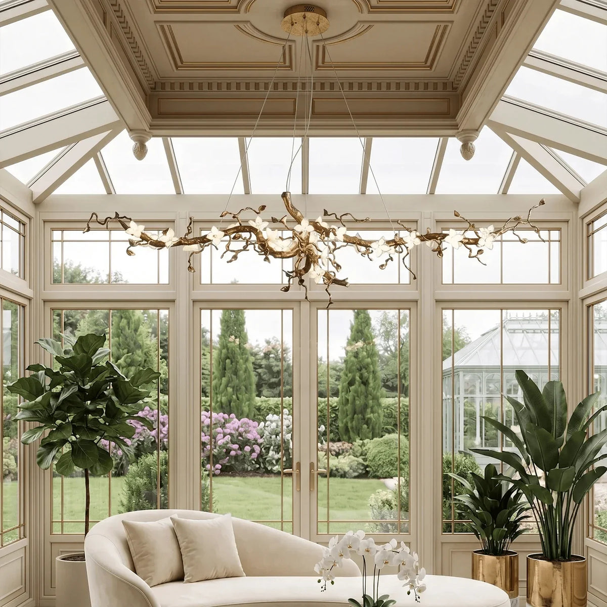 Handcrafted Sculptural Floral Branch Chandelier - ∅ 72.8″ x H 27.6″ x W 27.6″Gold + White + TransparentJecanoli