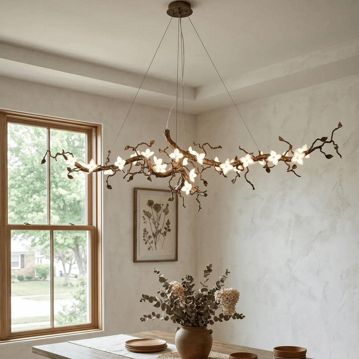 Handcrafted Sculptural Floral Branch Chandelier - ∅ 49.2″ x H 17.7″ x W 15.7″Gold + White + TransparentJecanoli
