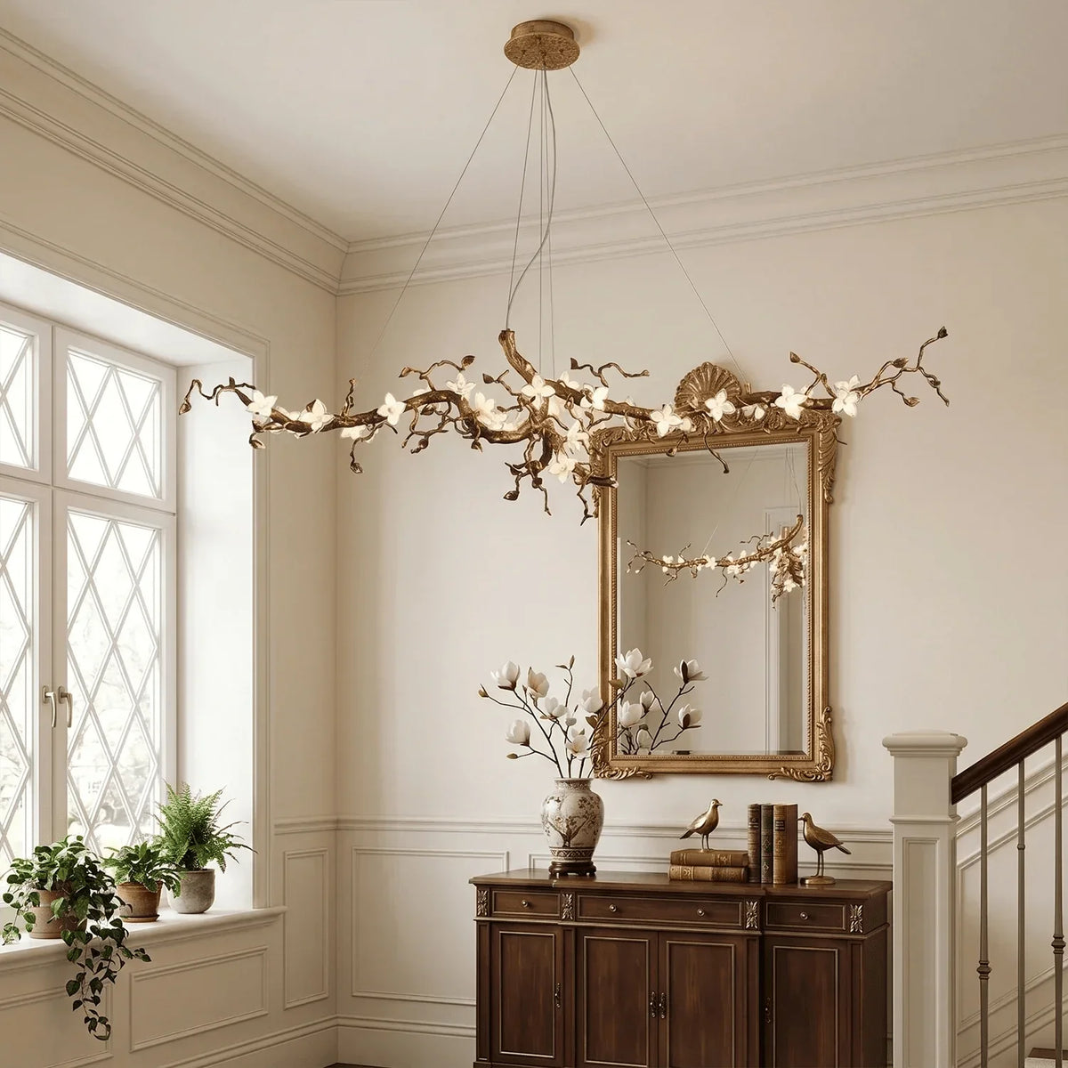 Handcrafted Sculptural Floral Branch Chandelier - ∅ 49.2″ x H 17.7″ x W 15.7″Gold + White + TransparentJecanoli