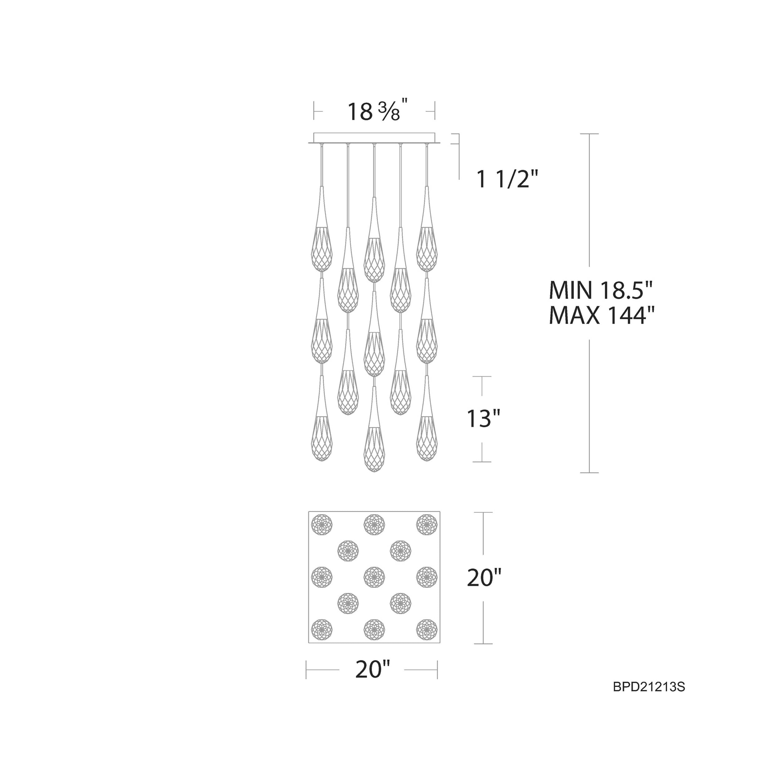 Hellebore Square LED Multi Pendant Light - line drawing.