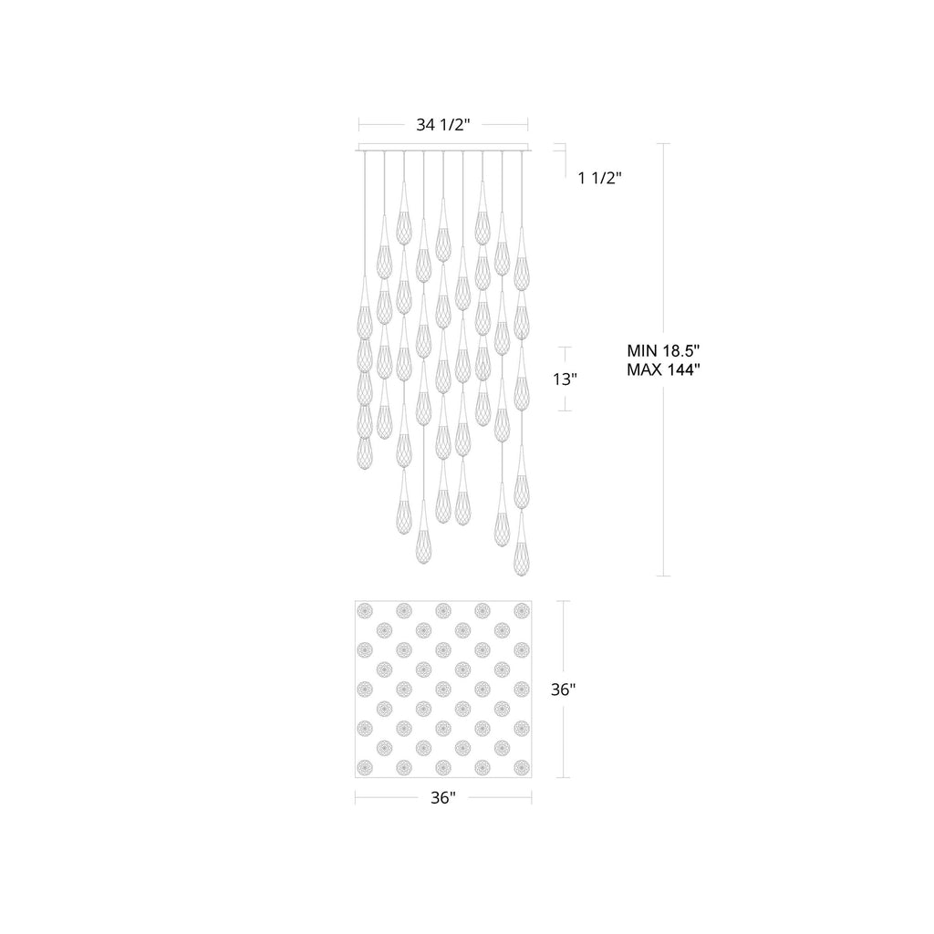 Hellebore Square LED Multi Pendant Light - line drawing.