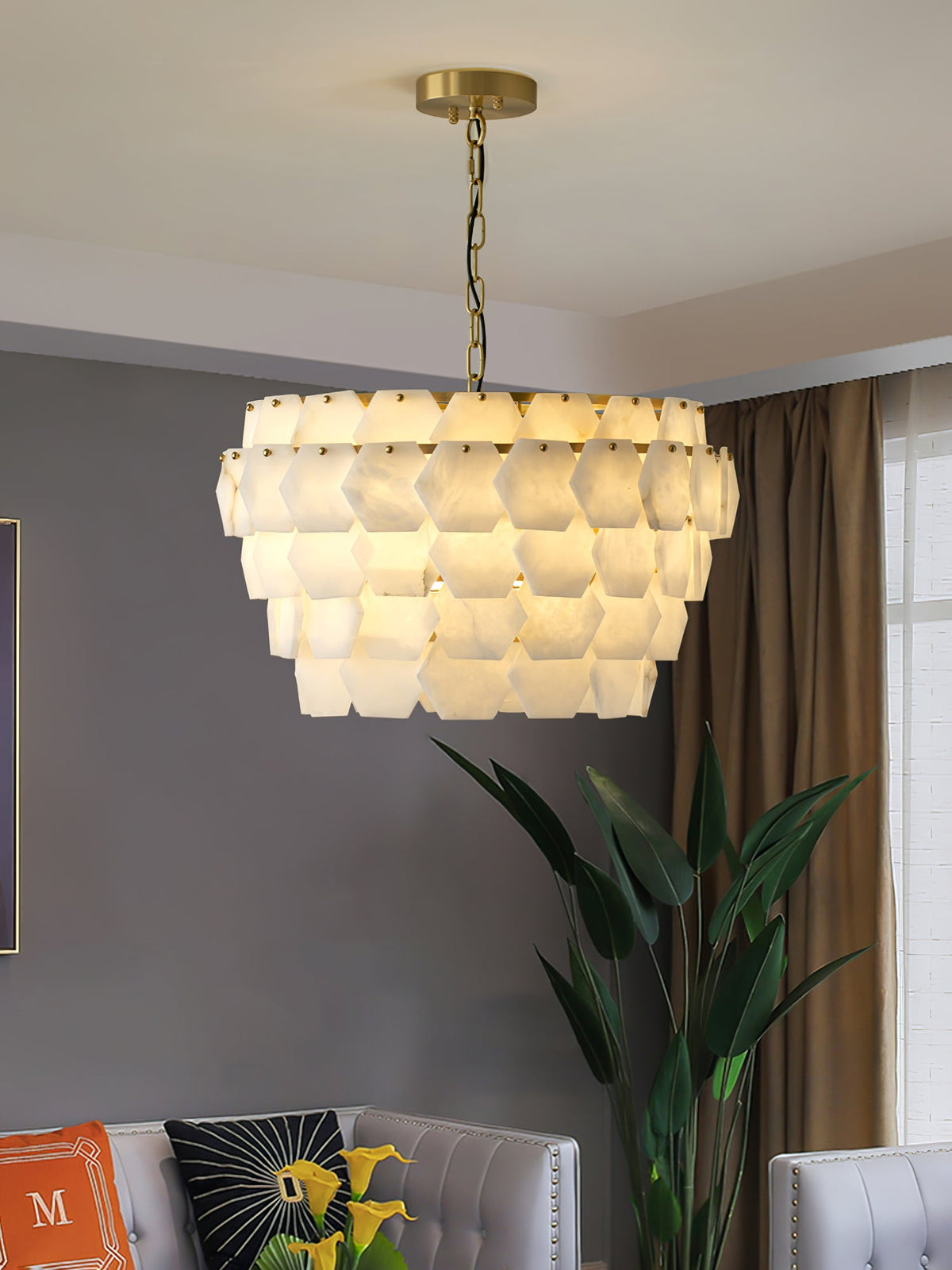 Elegant Hexa Cloud Alabaster Pendant Light-Chandelier-Jecanoli