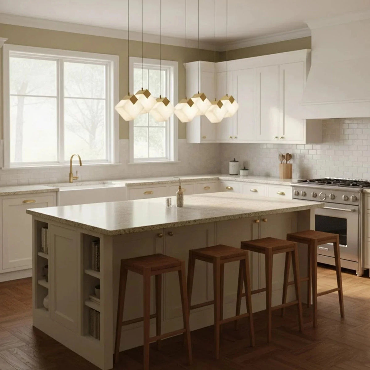 Linear Alabaster Cube Chandelier 6-Light Brass Island Pendant Light - 10-Lights ∅ 47.2" x H 3.9"Gold & White - Jecanoli