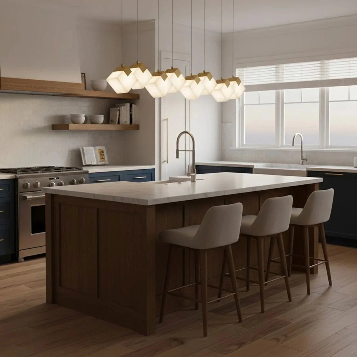 Linear Alabaster Cube Chandelier 6-Light Brass Island Pendant Light - 10-Lights ∅ 47.2" x H 3.9"Gold & White - Jecanoli