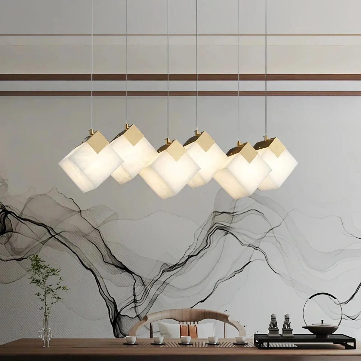 Linear Alabaster Cube Chandelier 6-Light Brass Island Pendant Light - 10-Lights ∅ 47.2" x H 3.9"Gold & White - Jecanoli