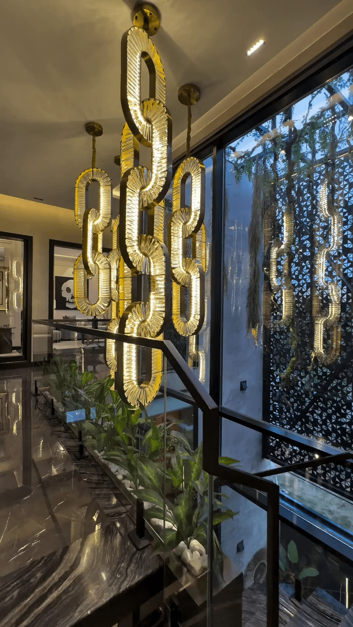 Luxury Crystal and Metal Chain Pendant Chandelier for High Ceilings with Modern Finish - Vertical/3 Rings/D12"*H48"/26kgGoldWarm LightJecanoli