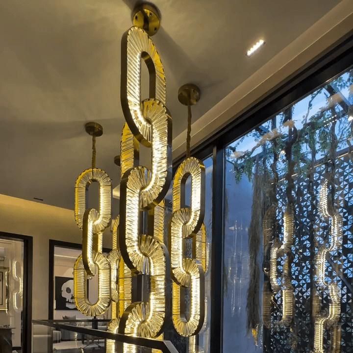 Luxury Crystal and Metal Chain Pendant Chandelier for High Ceilings with Modern Finish - Vertical/3 Rings/D12"*H48"/26kgGoldWarm LightJecanoli