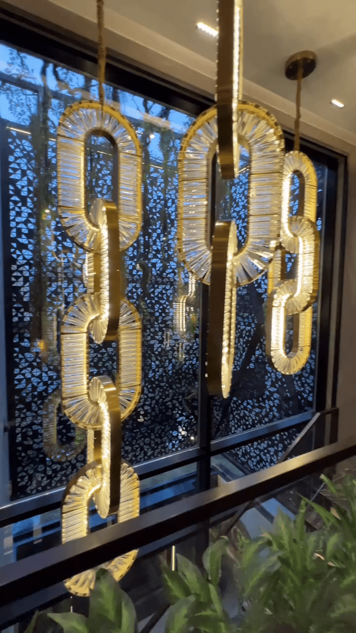 Luxury Crystal and Metal Chain Pendant Chandelier for High Ceilings with Modern Finish - Vertical/3 Rings/D12"*H48"/26kgGoldWarm LightJecanoli