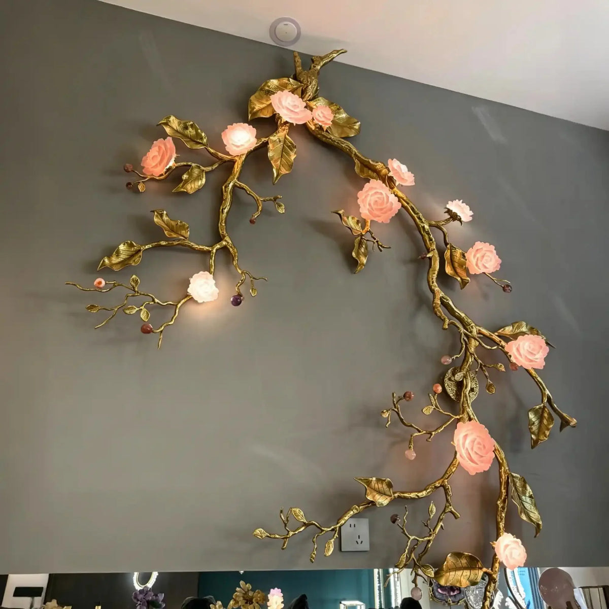 Luxury Elegant Golden Branch Blossom Twig Natural Crystal Lighting Set - Pendant Chandelier/L50.39“*W24.8”Warm LightJecanoli
