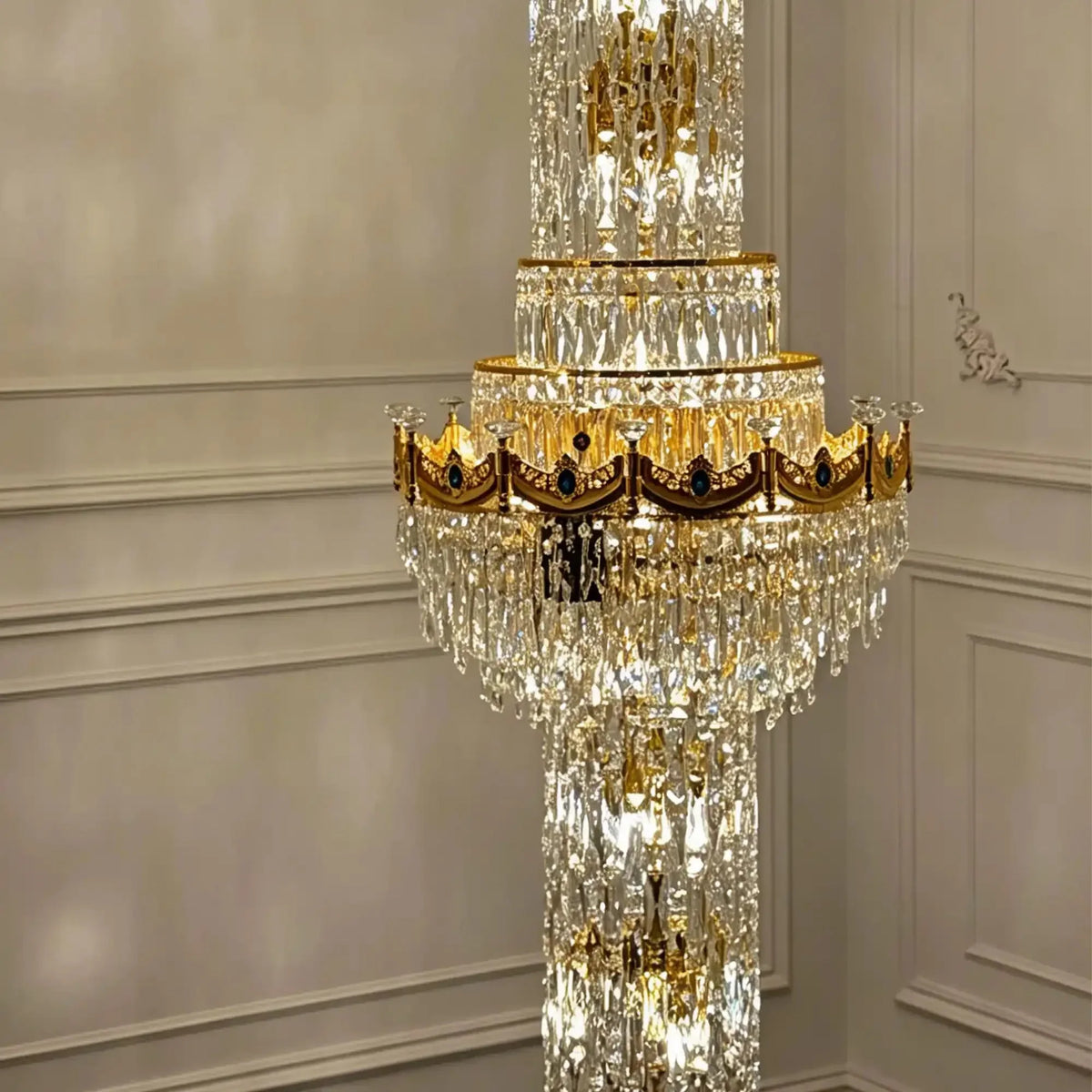 Luxury Majesty Grand Crown Top Cascading Long Tiered Crystal Chandelier - D23.62"*H137.80" (D60cm*H350cm)Warm LightJecanoli