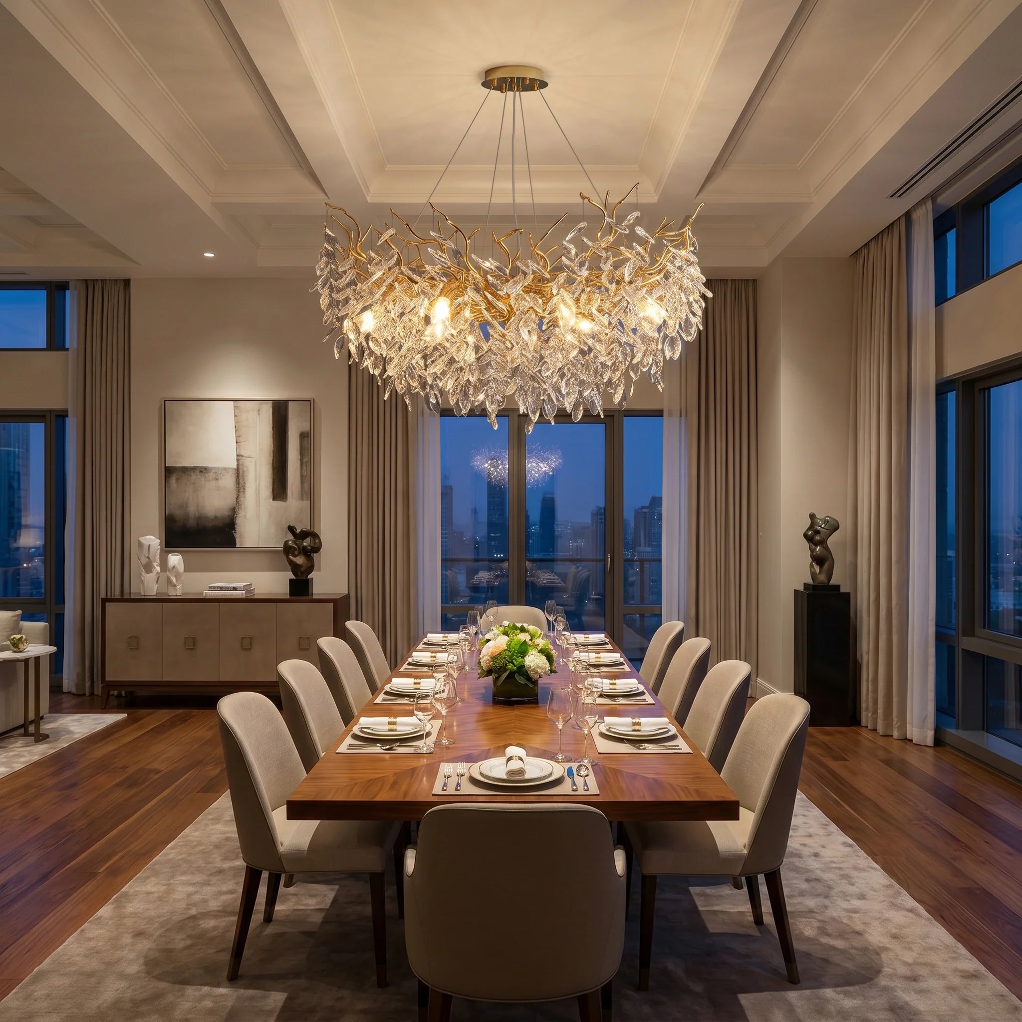 French Branch Crystal Chandelier with Elegant Crystal Leaves