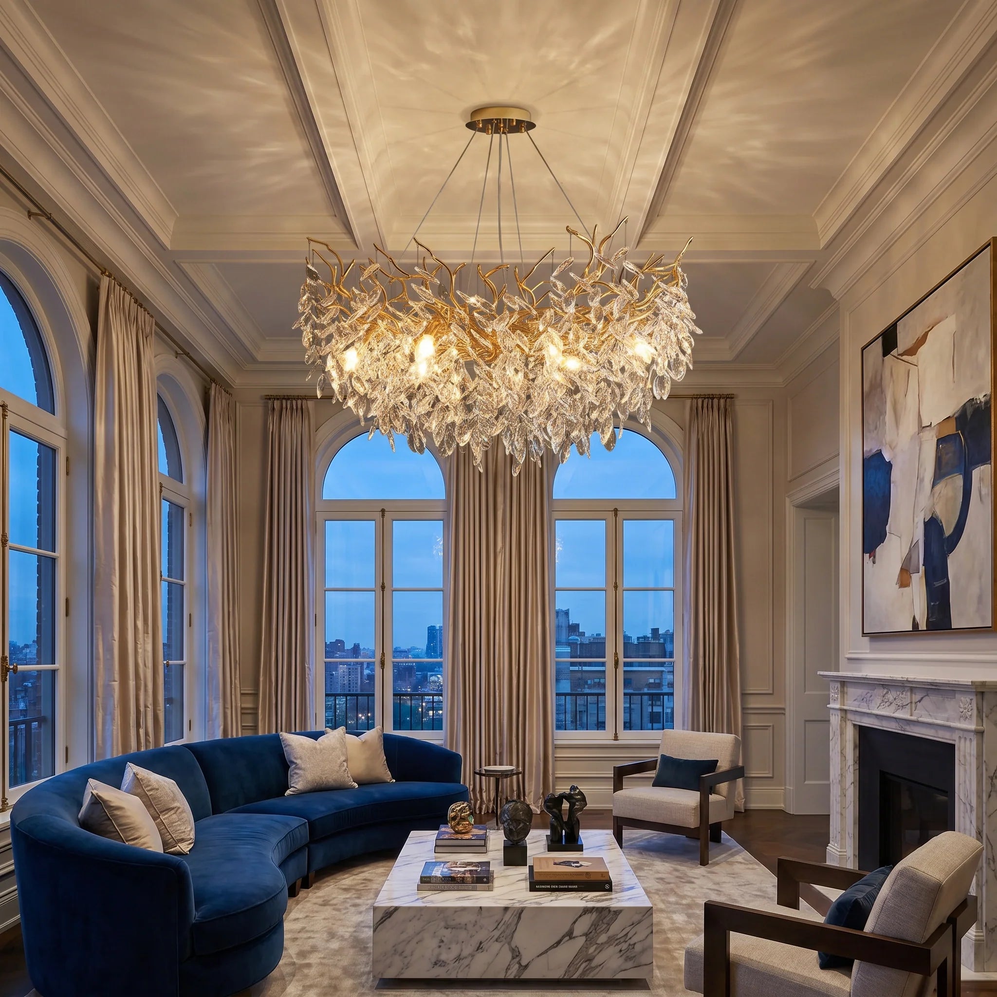 French Branch Crystal Chandelier with Elegant Crystal Leaves
