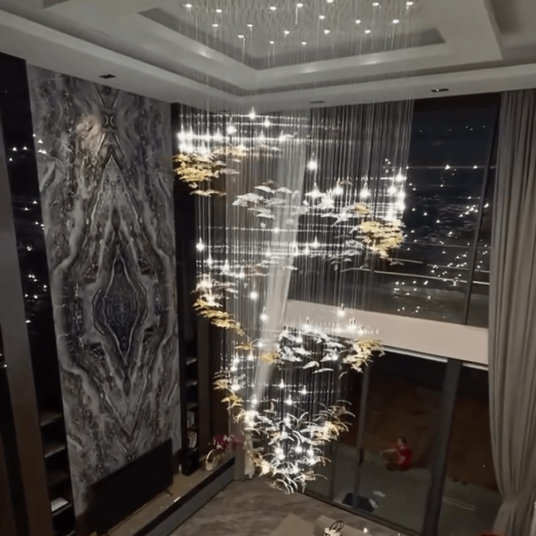 Modern Ascending Spiral Floating Glass Feather Chandelier with Bulbs - Square Canopy/L68"*H144" (L173cm*H366cm)Warm LightJecanoli