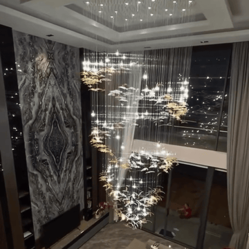 Modern Ascending Spiral Floating Glass Feather Chandelier with Bulbs - Square Canopy/L68"*H144" (L173cm*H366cm)Warm LightJecanoli