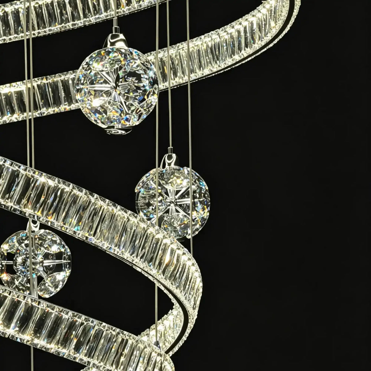 Modern Luxury Spiral Ribbon Multi-Ball Crystal Chandelier for Foyer/Staircase - D47.24"*H118.11"(D120cm*H300cm)Dimmable White LightJecanoli