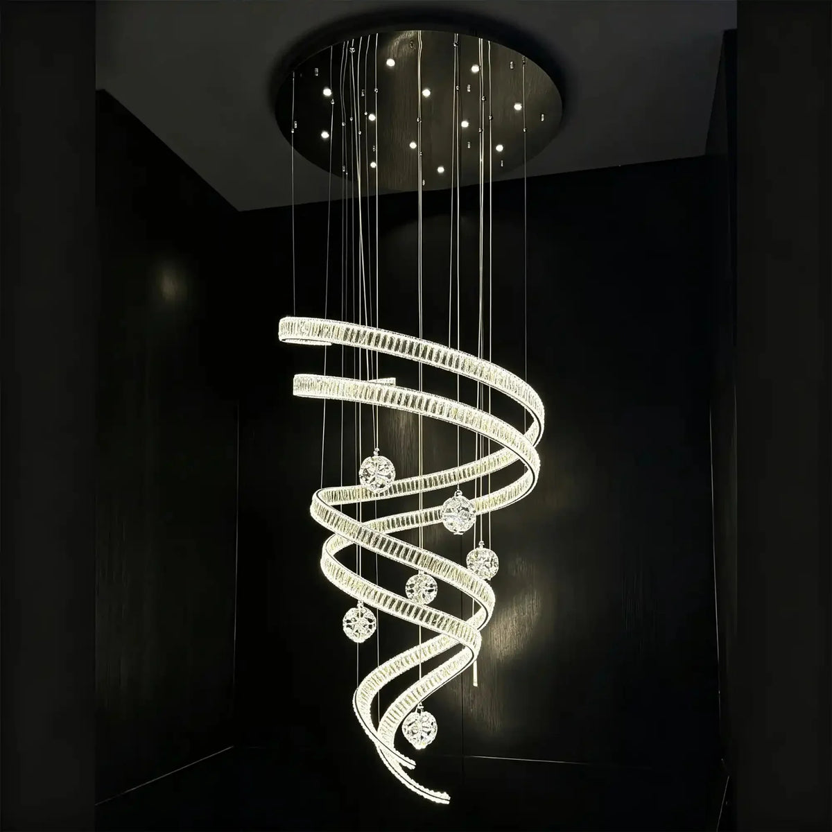 Modern Luxury Spiral Ribbon Multi-Ball Crystal Chandelier for Foyer/Staircase - D47.24"*H118.11"(D120cm*H300cm)Dimmable Warm LightJecanoli