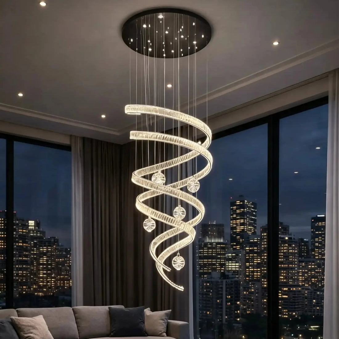 Modern Luxury Spiral Ribbon Multi-Ball Crystal Chandelier for Foyer/Staircase - D47.24"*H118.11"(D120cm*H300cm)Warm LightJecanoli