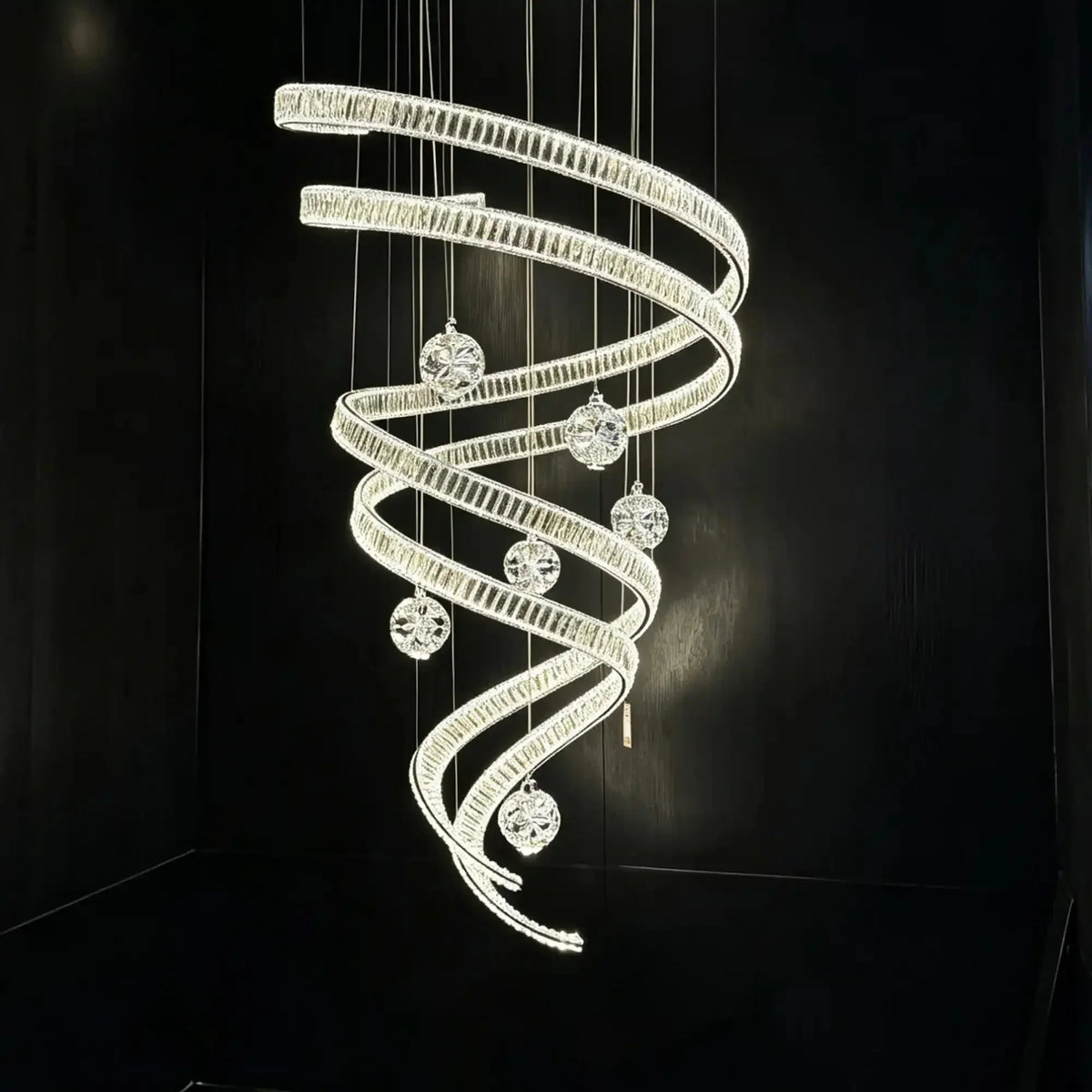 Modern Luxury Spiral Ribbon Multi-Ball Crystal Chandelier for Foyer/Staircase - D47.24"*H118.11"(D120cm*H300cm)Dimmable White LightJecanoli