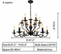 Multi Layer Iron Chandelier with Electronic Candles in Vintage Country Style for Living Room Cafe and Study - 4 Layers: D47.2