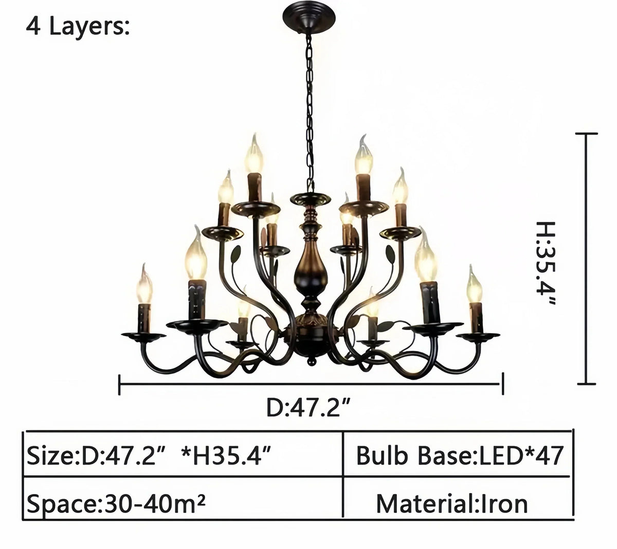 Multi Layer Iron Chandelier with Electronic Candles in Vintage Country Style for Living Room Cafe and Study - 4 Layers: D47.2"Warm LightJecanoli