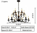 Multi Layer Iron Chandelier with Electronic Candles in Vintage Country Style for Living Room Cafe and Study - 2 Layers: D39.4