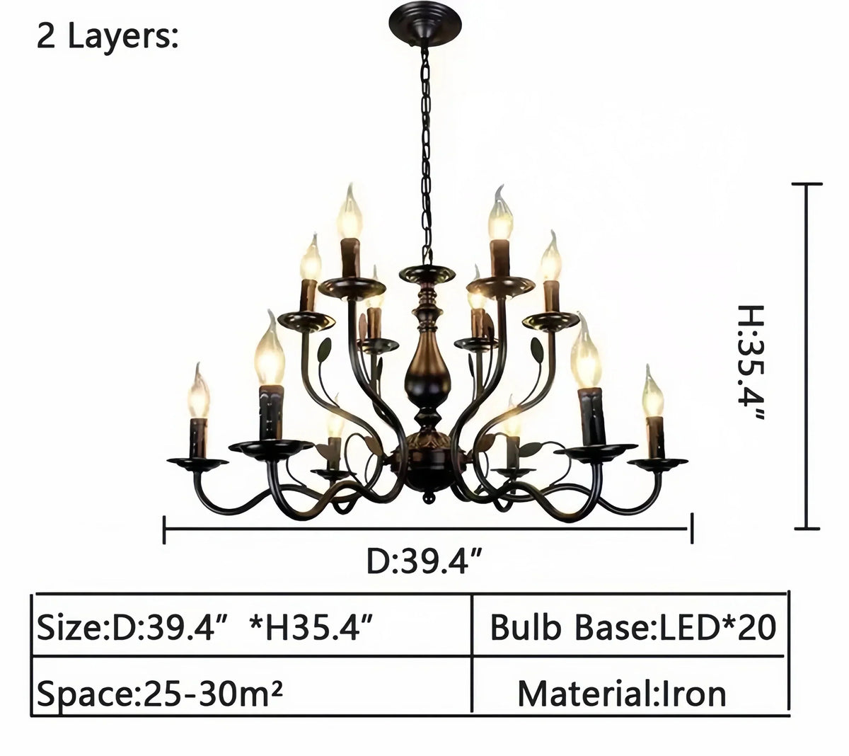 Multi Layer Iron Chandelier with Electronic Candles in Vintage Country Style for Living Room Cafe and Study - 2 Layers: D39.4"Warm LightJecanoli