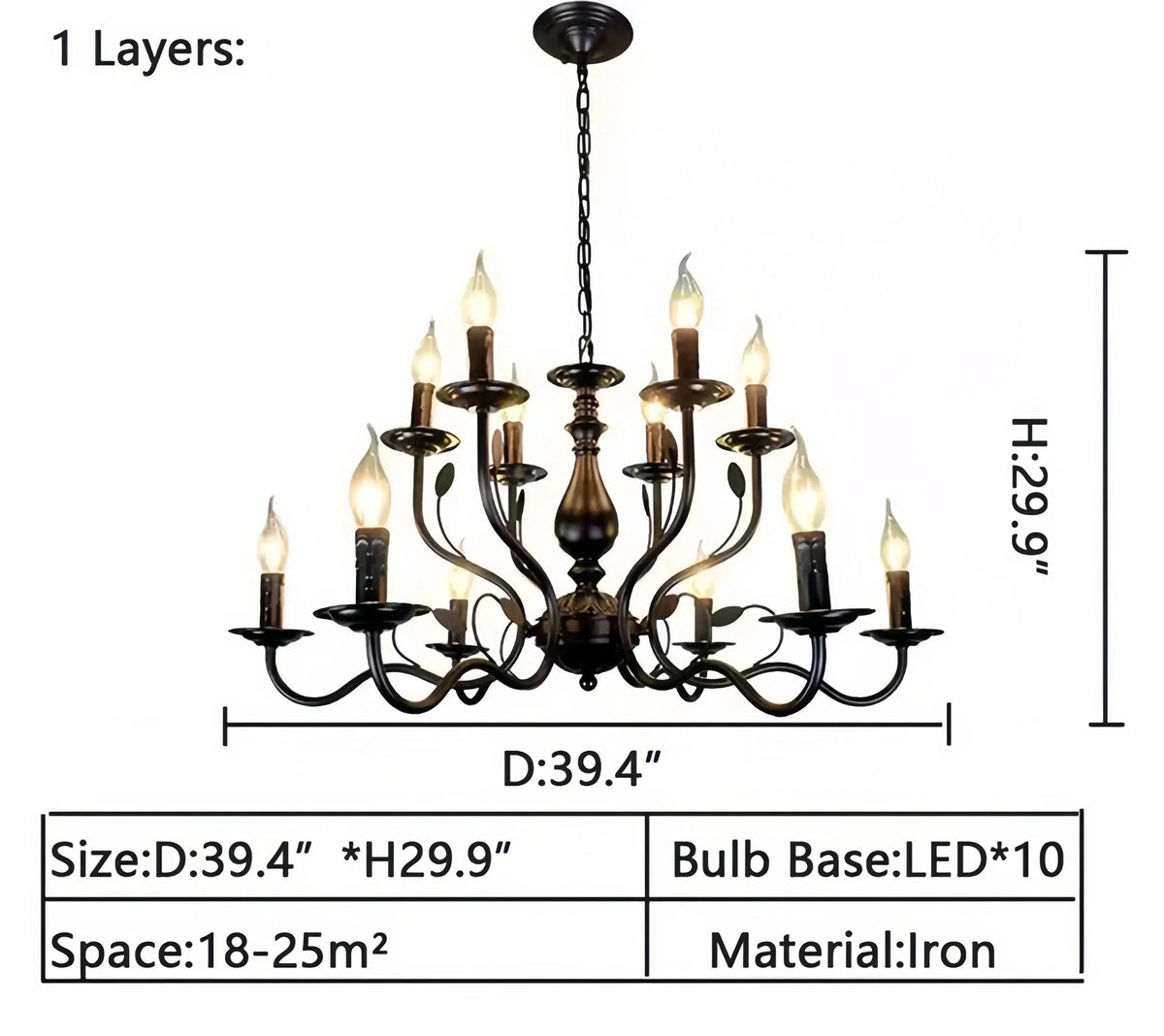 Multi Layer Iron Chandelier with Electronic Candles in Vintage Country Style for Living Room Cafe and Study - 1 Layer: D39.4"Warm LightJecanoli