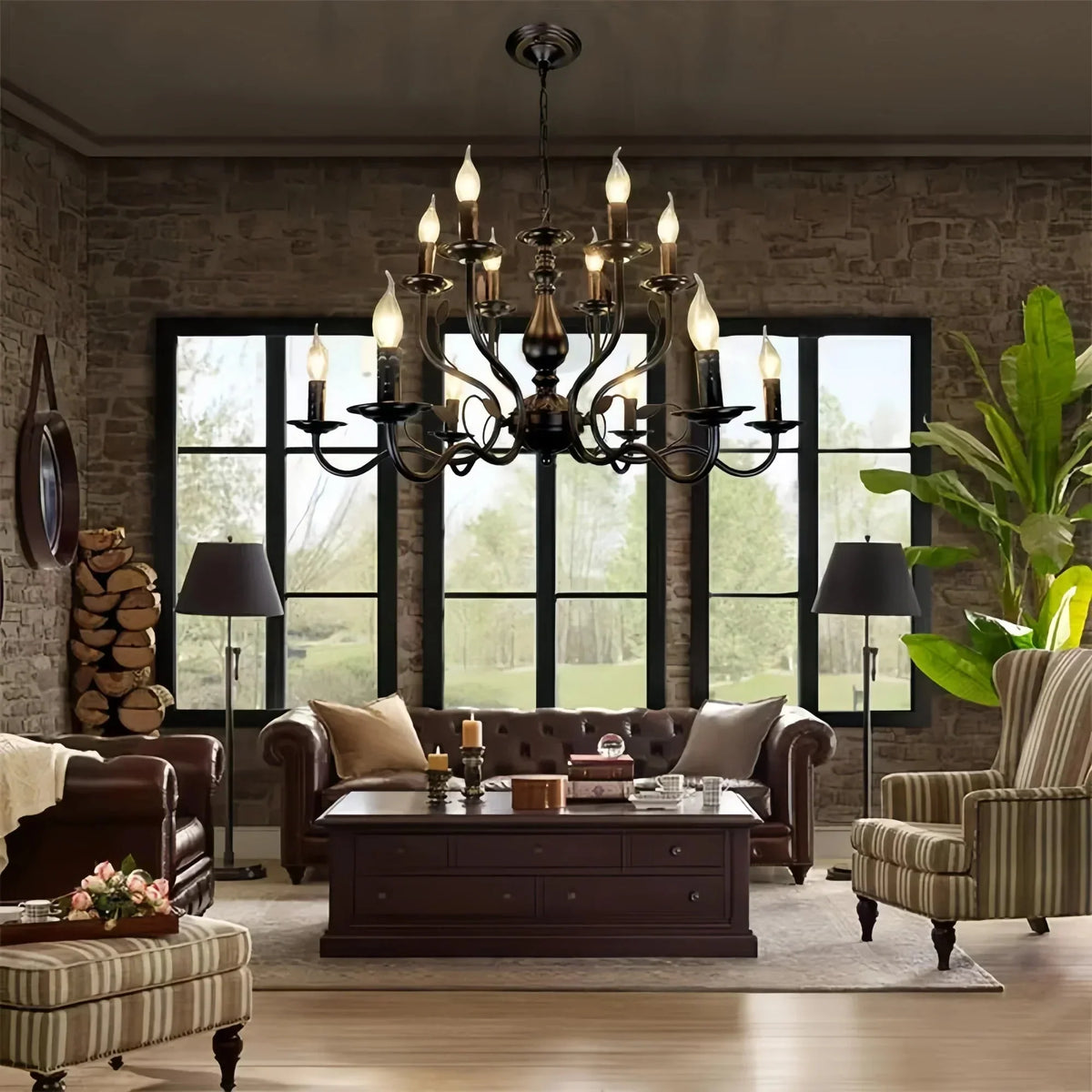 Multi Layer Iron Chandelier with Electronic Candles in Vintage Country Style for Living Room Cafe and Study - 1 Layer: D39.4"Warm LightJecanoli