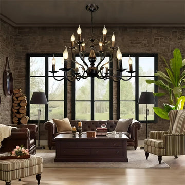 Multi Layer Iron Chandelier with Electronic Candles in Vintage Country Style for Living Room Cafe and Study - 1 Layer: D39.4"Warm LightJecanoli