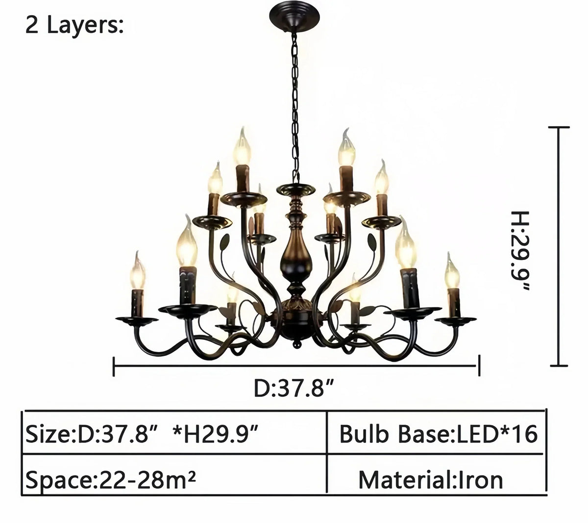 Multi Layer Iron Chandelier with Electronic Candles in Vintage Country Style for Living Room Cafe and Study - 2 Layers: D37.8"Warm LightJecanoli