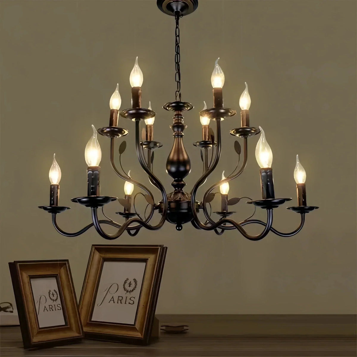 Multi Layer Iron Chandelier with Electronic Candles in Vintage Country Style for Living Room Cafe and Study - 1 Layer: D39.4"Warm LightJecanoli