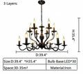 Multi Layer Iron Chandelier with Electronic Candles in Vintage Country Style for Living Room Cafe and Study - 3 Layers: D39.4