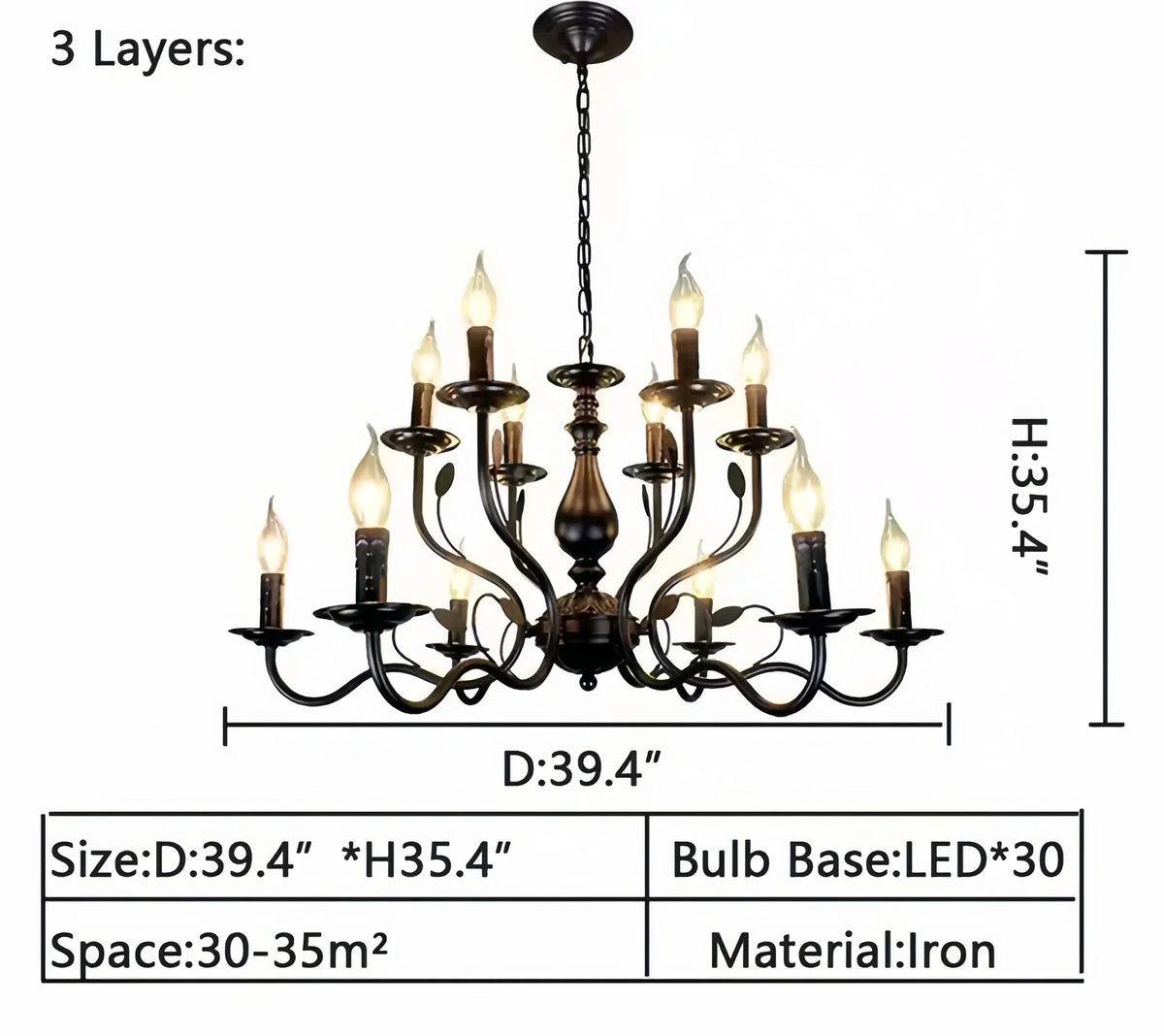 Multi Layer Iron Chandelier with Electronic Candles in Vintage Country Style for Living Room Cafe and Study - 3 Layers: D39.4"Warm LightJecanoli
