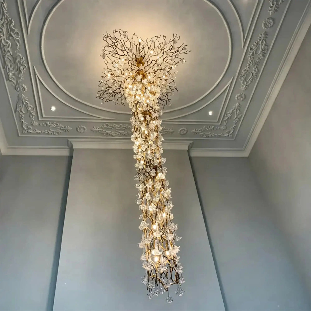 Nature-inspired Brass Tree Chandelier with Glazed Glass Flowers - Style D/L78.7"*W39.4"*H25.59"(L200cm*W100cm*H65cm)Warm LightJecanoli