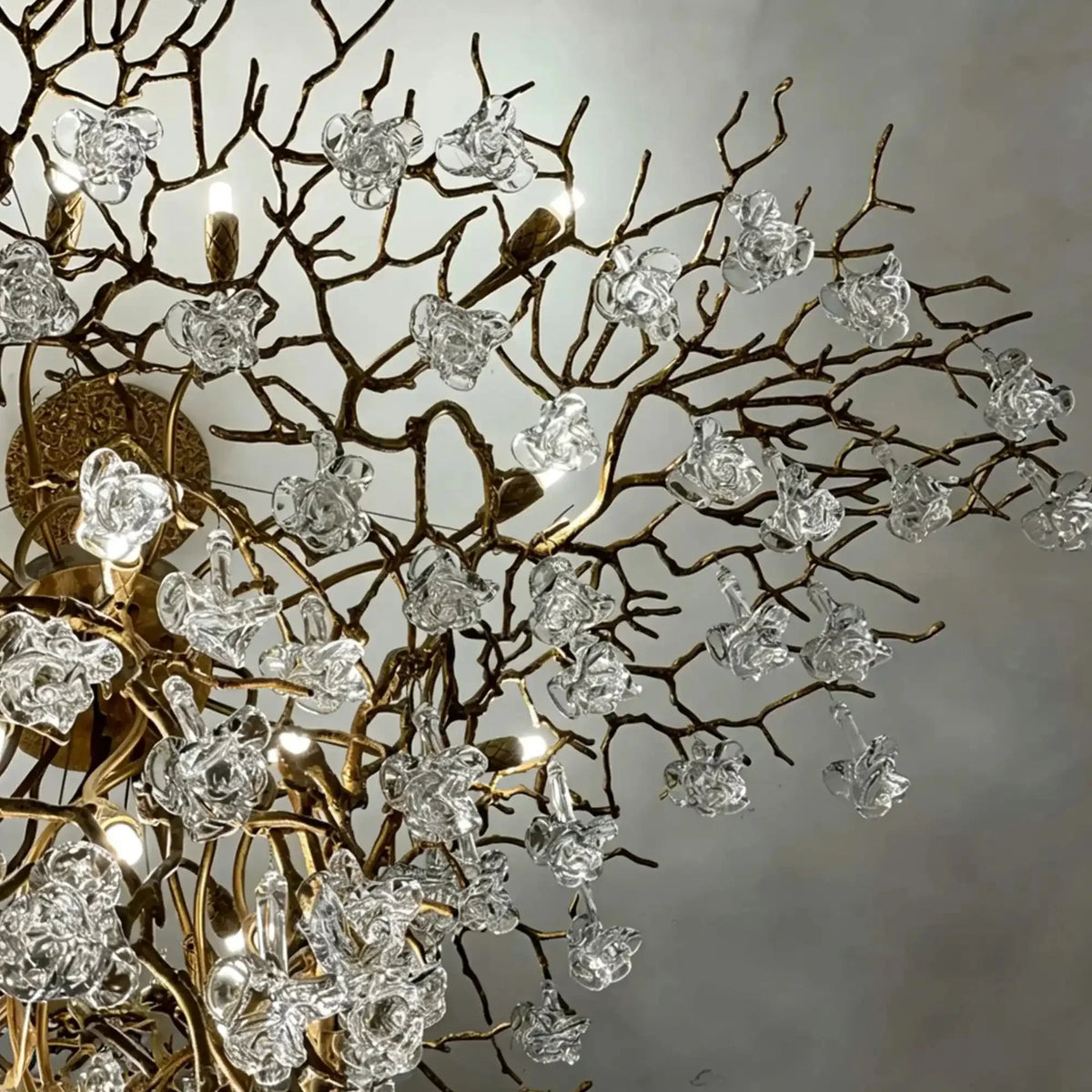 Nature-inspired Brass Tree Chandelier with Glazed Glass Flowers - Style D/L78.7"*W39.4"*H25.59"(L200cm*W100cm*H65cm)Warm LightJecanoli