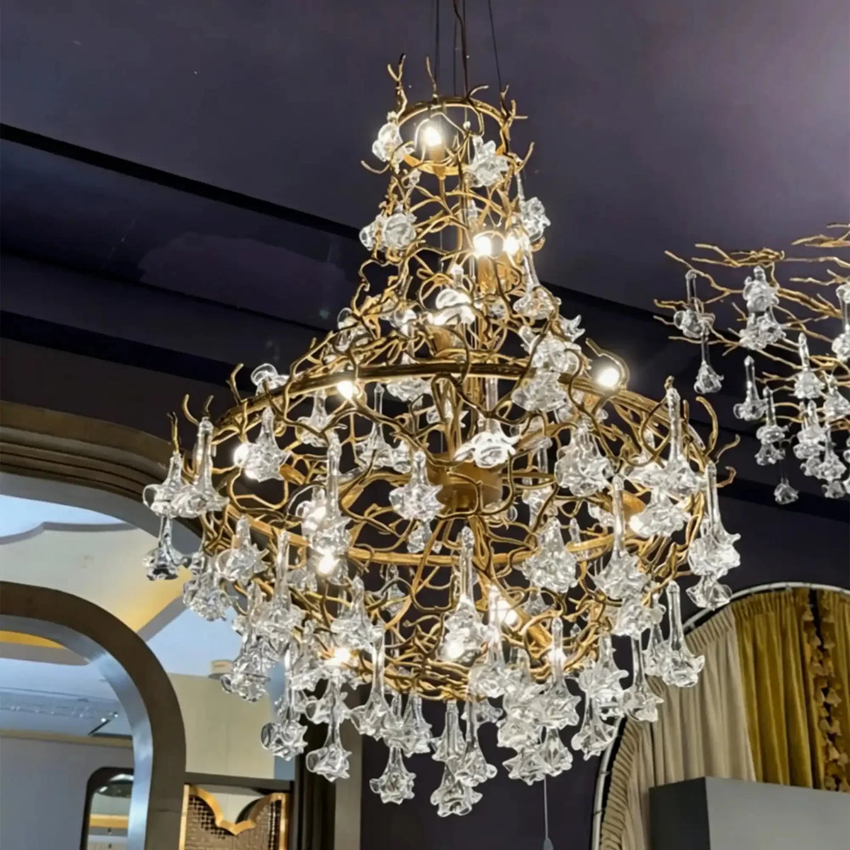 Nature-inspired Brass Tree Chandelier with Glazed Glass Flowers - Style D/L78.7"*W39.4"*H25.59"(L200cm*W100cm*H65cm)Warm LightJecanoli