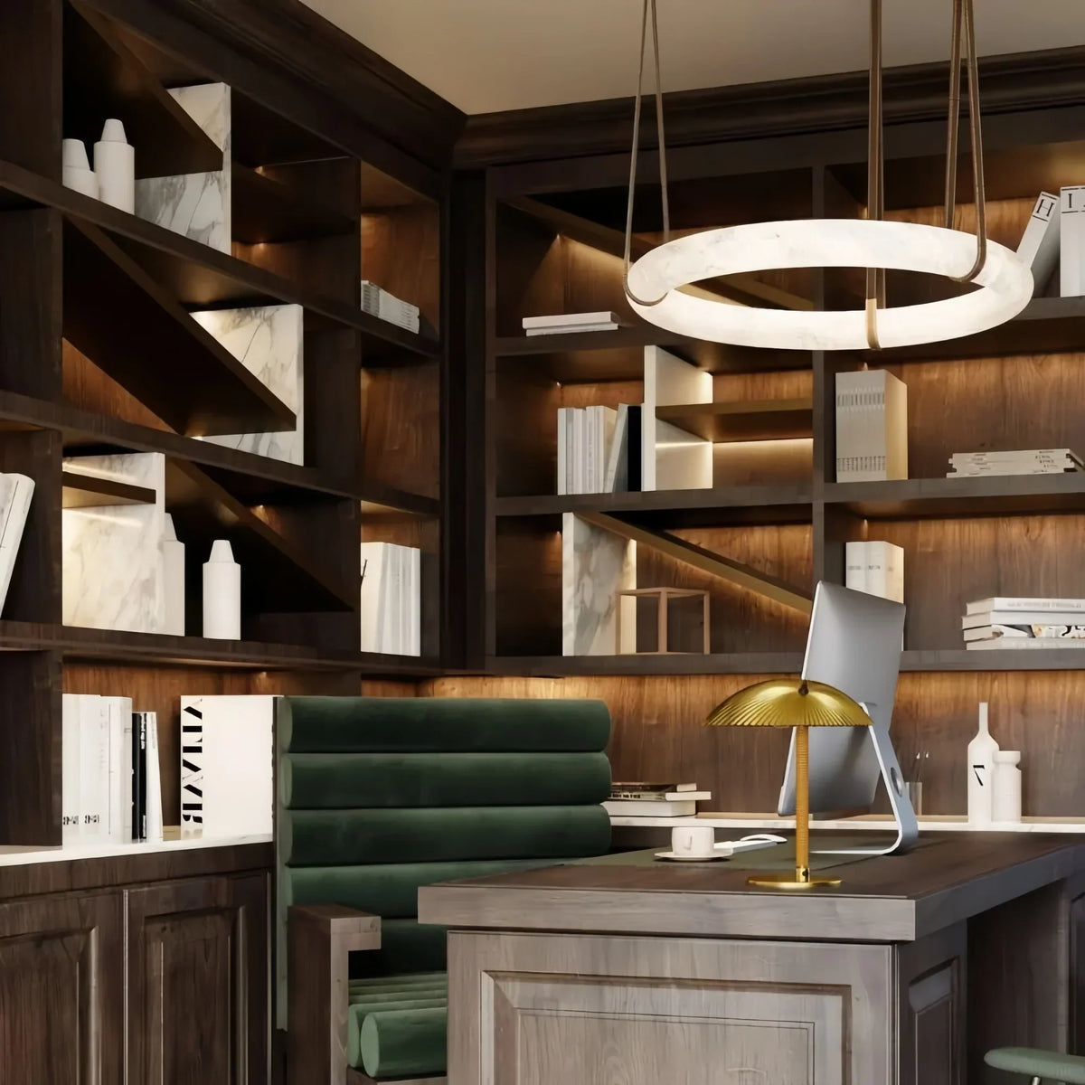 Oslo L1P Pendant Alabaster Chandelier, Halo Ring Chandelier With canopy Over Dining Table-Chandelier-Jecanoli