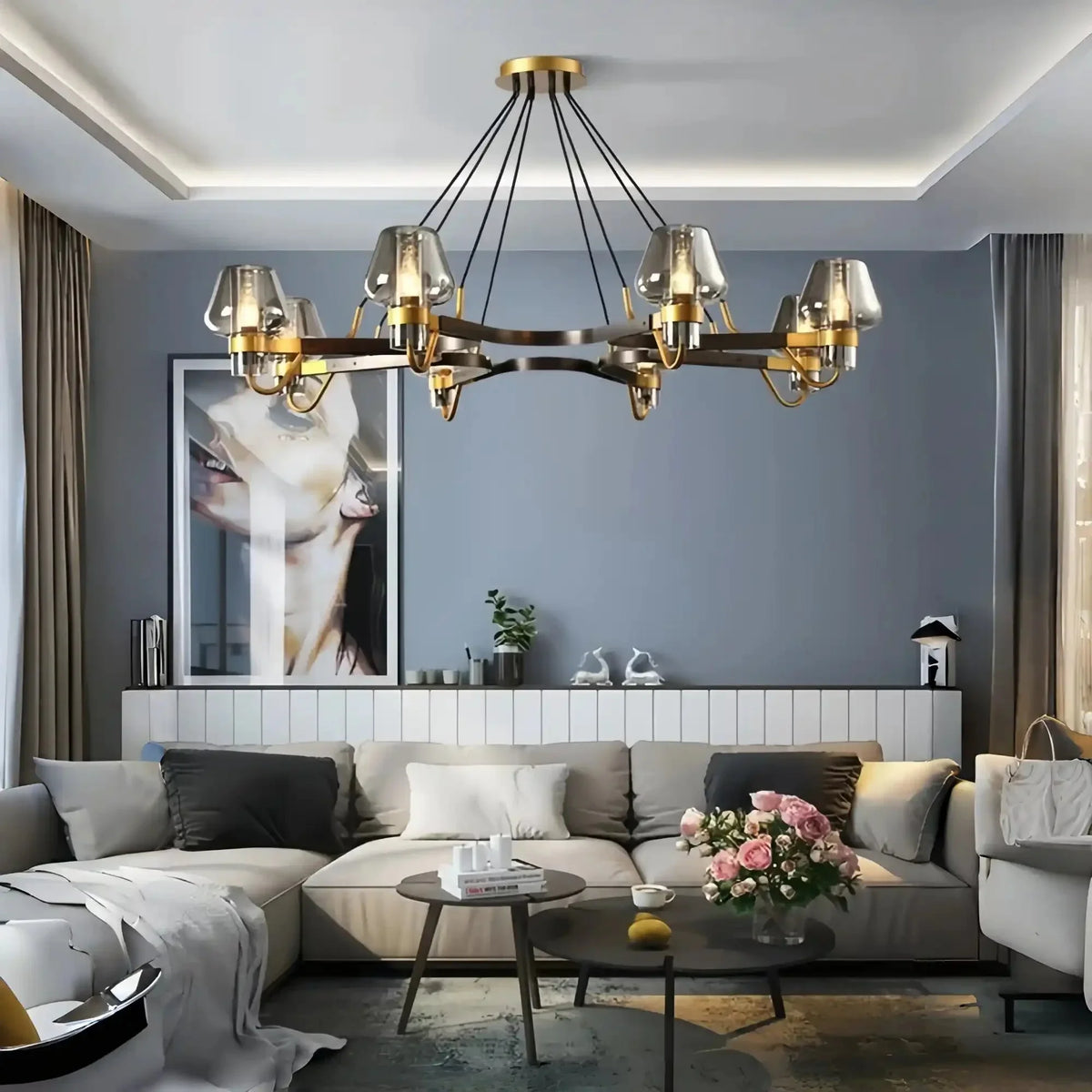 Post - modern Light Luxury Full Brass Chandelier for Living Room/Bedroom - 8 Lights: D39.4"*H8.7"ClearWarm Light-Manor Lights